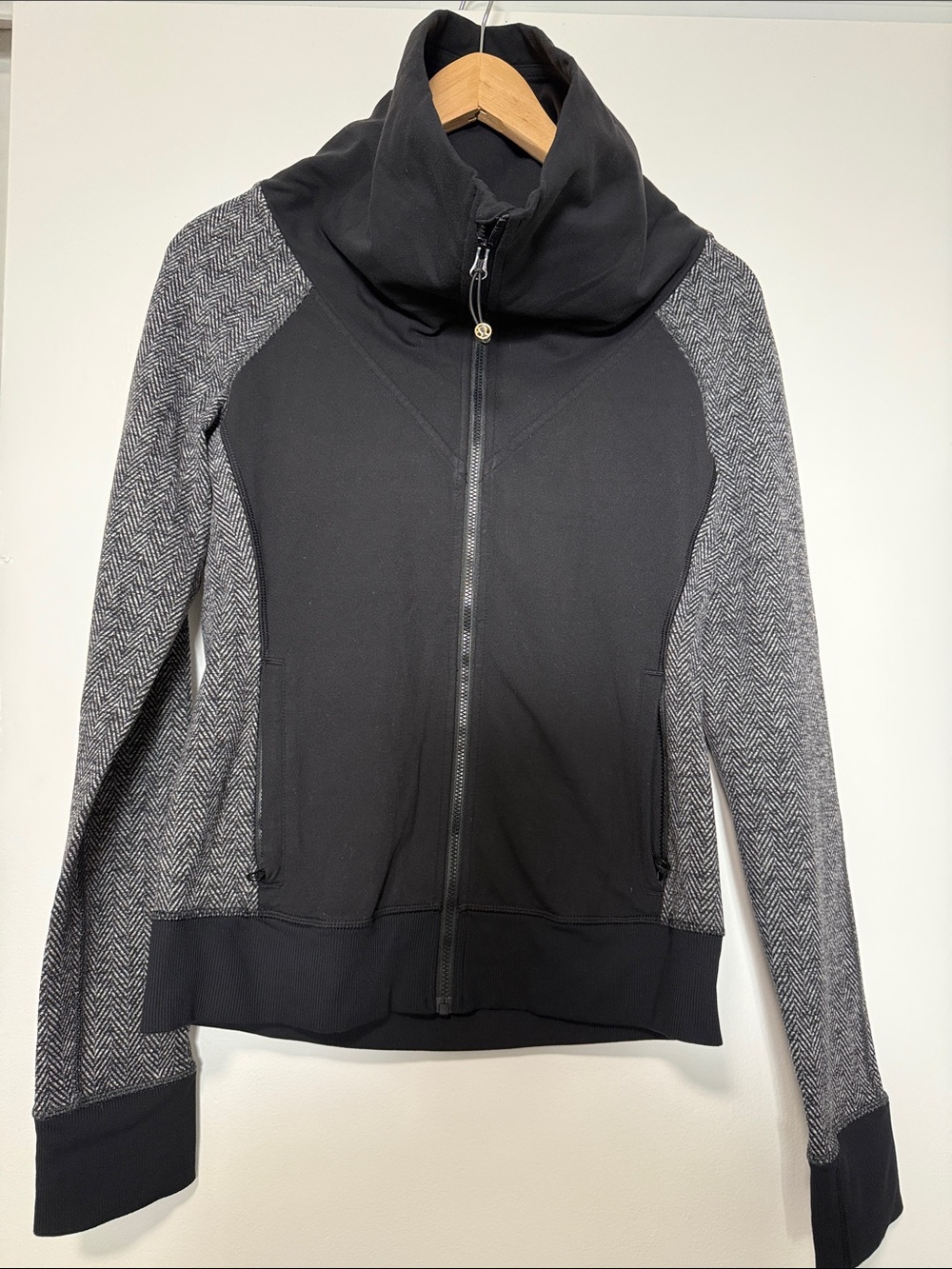 Vintage Lululemon Black Zip-Up Jacket with Gray Herringbone Sleeves